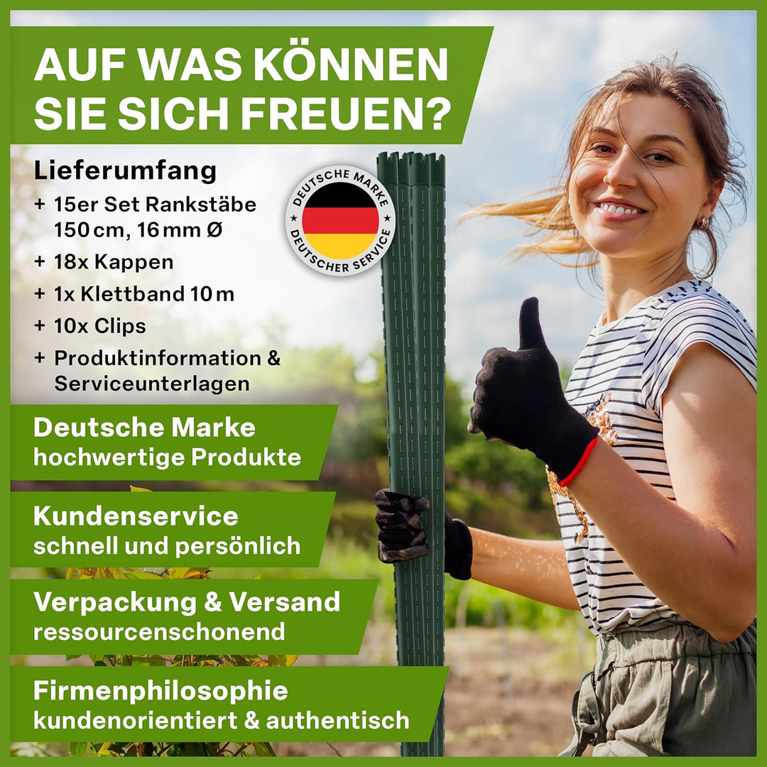 TTL GARDEN Rankstäbe 15er Set 150cm x 16mm Ø grün - extra stabil & rostfrei | 16mm Rankhilfe Pflanzs