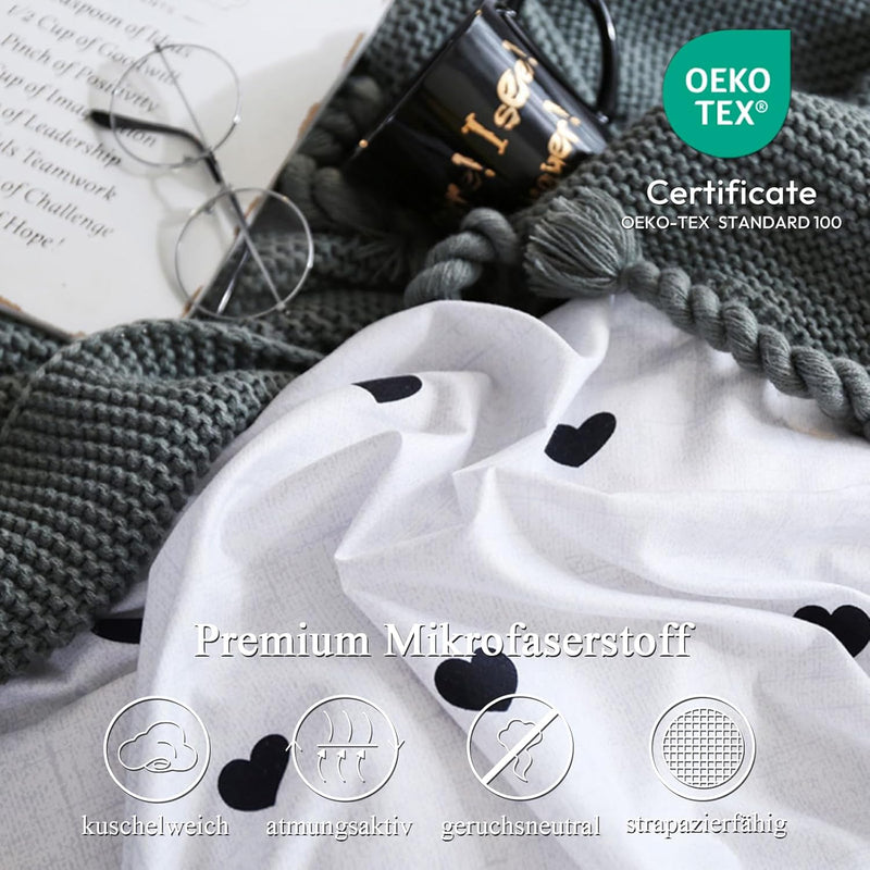 Freyamy Bettwäsche 200x200cm 3teilig Weiss Schwarz Herz Bettwaren-Sets Gebürstet Microfaser Weiche W