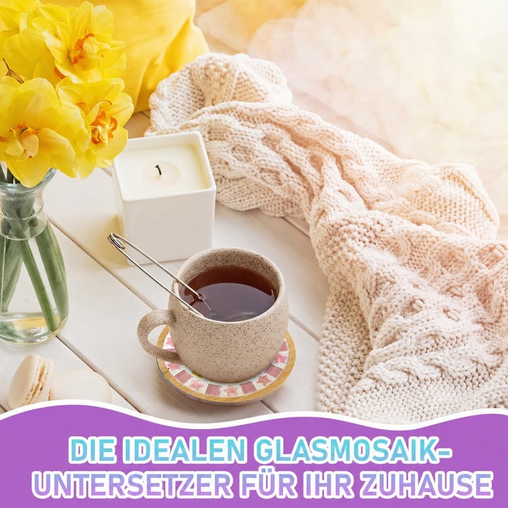 OGMBI 14er Set Mosaik Bastelset Untersetzer, DIY Mosaiksteine Untersetzer Set Mit Glasfliesen & Holz