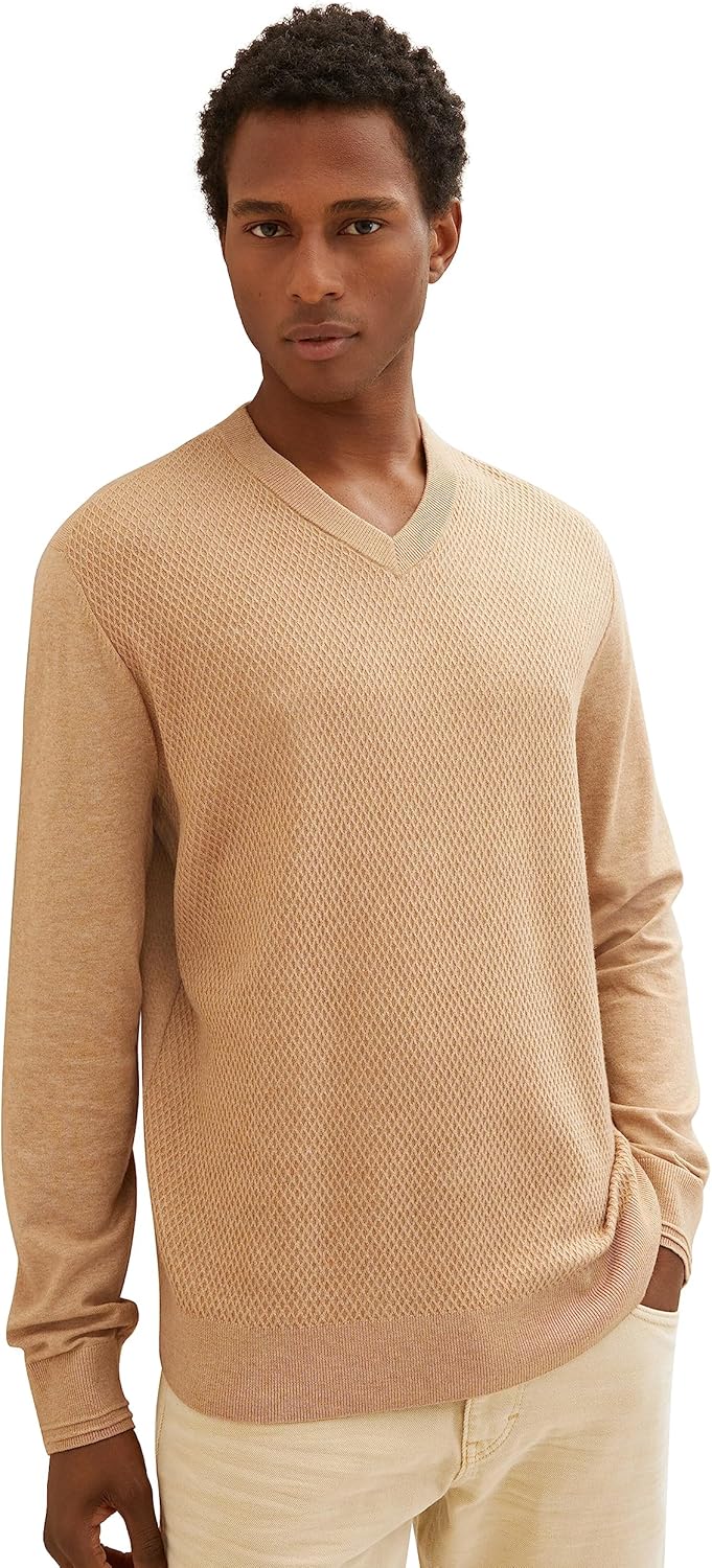 TOM TAILOR Herren Cosy Strickpullover mit V-Ausschnitt M 32722 - Beach Sand Melange, M 32722 - Beach