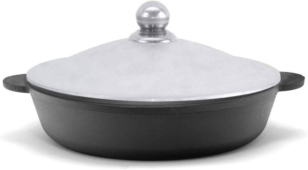 4BIG.fun Schmorpfanne 28 cm Gusseisen Gusseisenpfanne mit Aluminiumdeckel Bräter Servierpfanne Kasse