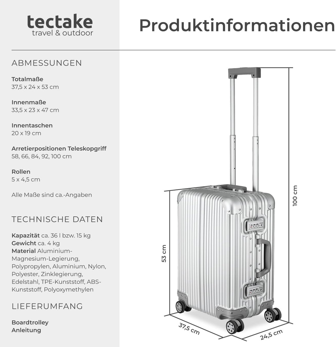 tectake® Alu Handgepäck Koffer 20" 36L Reisekoffer, 2 TSA-Schlösser, Teleskopgriff, 4 leise Rollen,