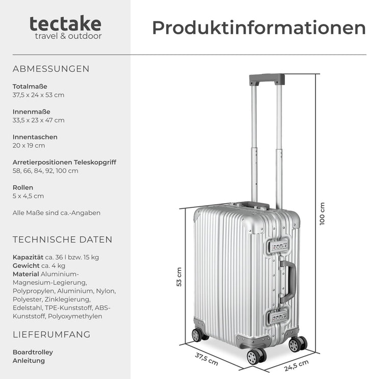 tectake® Alu Handgepäck Koffer 20" 36L Reisekoffer, 2 TSA-Schlösser, Teleskopgriff, 4 leise Rollen,