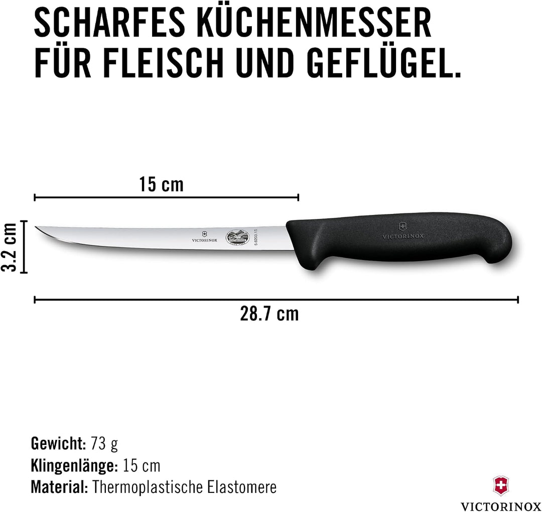 Victorinox Fibrox Ausbeinmesser, Scharfes Küchenmesser für Geflügel und Fisch, 15 cm, Gerade Klinge,