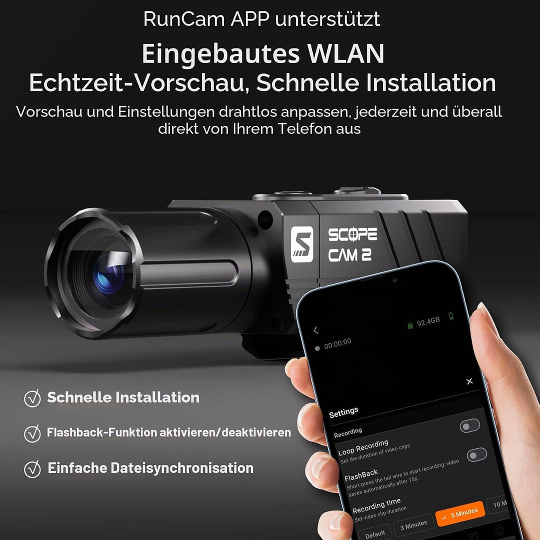 RunCam ScopeCam 2S Airsoft Action-Kamera, 210 min Akkulaufzeit, Voraufnahme, WLAN-App-Steuerung, IP6