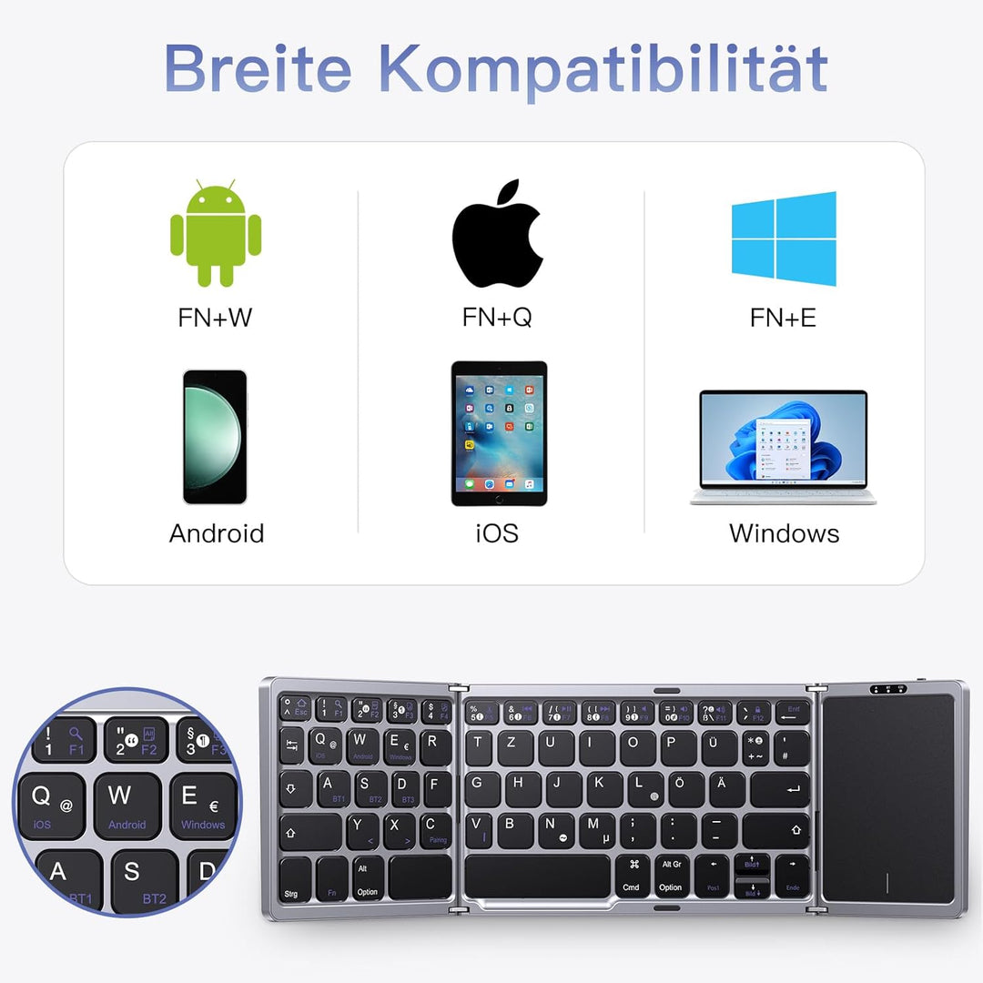 OMOTON Bluetooth-Faltbare-Tastatur, Kabellose Wiederaufladbare Klapptastatur mit Touchpad,3 Bluetoot