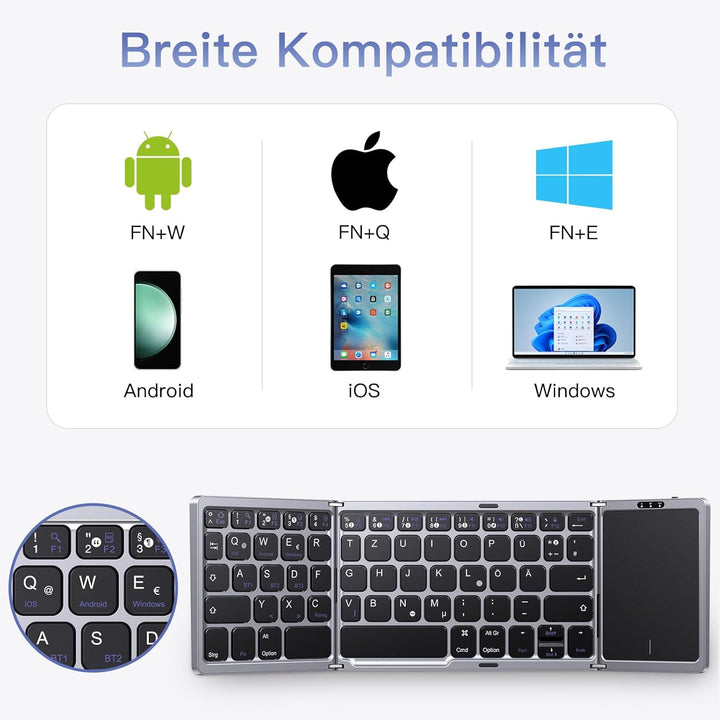 OMOTON Bluetooth-Faltbare-Tastatur, Kabellose Wiederaufladbare Klapptastatur mit Touchpad,3 Bluetoot