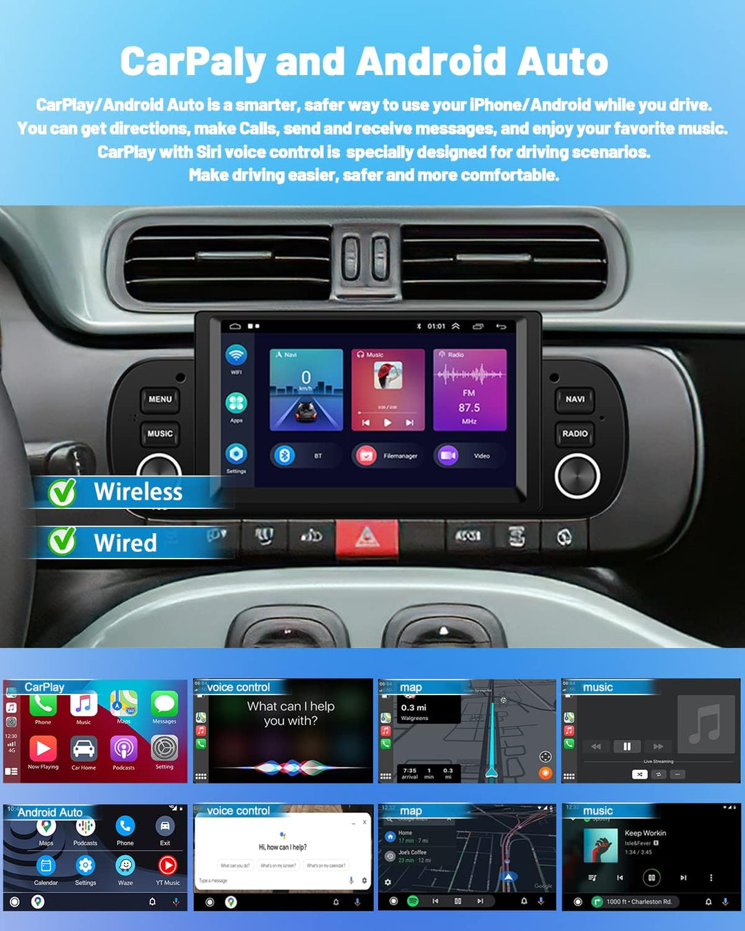 Hikity Android Autoradio für FIAT Panda 2013-2020 mit Wireless Carplay Android Auto, 6,2" Touchscree