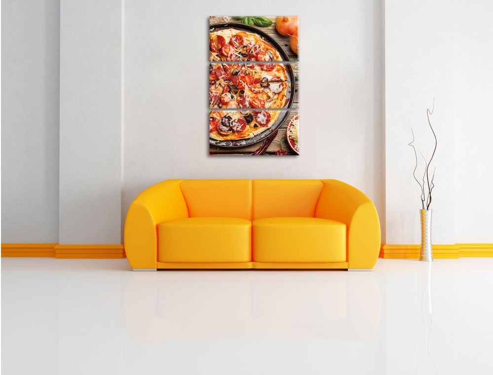 Pixxprint Leckere Pizza auf Holztisch / 3-Teilig/Gesamtmass 120cm Leinwandbild bespannt auf Holzrahm