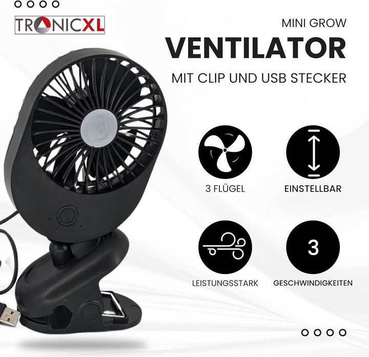 TronicXL USB Ventilator Grow mit Clip Klipp Klemme Klemmventilator I Clipventilator für Homebox Grow