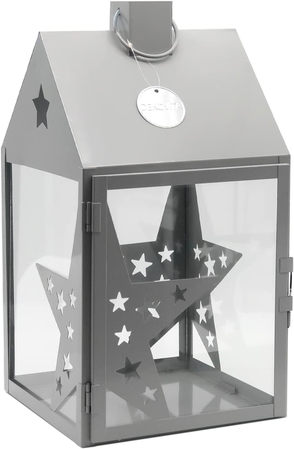 Dekovita 38cm Metall-Laterne Sterne Lichthaus - Gartenlaterne mit Glas-Scheiben - Windlicht Haus Dek