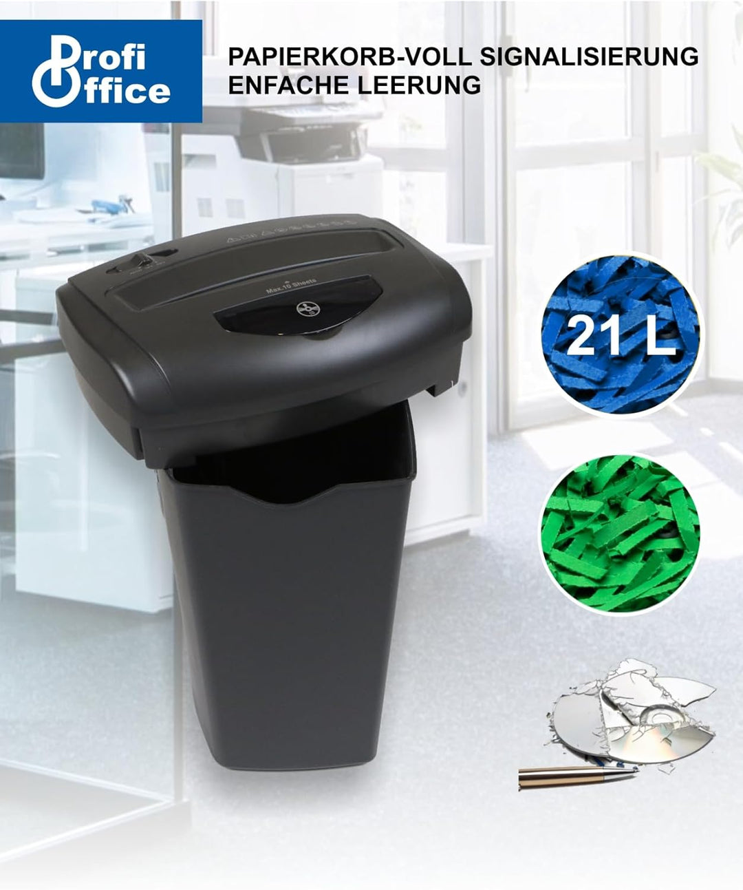 ProfiOffice Aktenvernichter für Büro und Zuhause, 10 Blatt Schredder Aktenvernichter mit Partikelsch