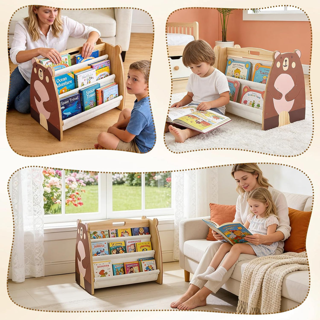 Bücherregal Kinder, Montessori Kinder Buchständer aus Holz mit 4 Ablagen, Kinderregal für Buchaufbew