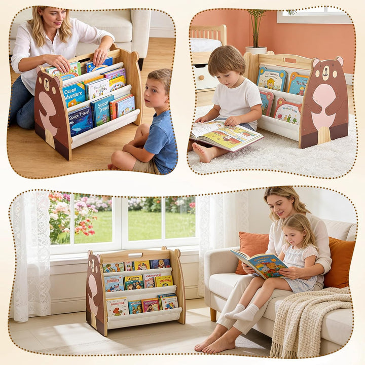 Bücherregal Kinder, Montessori Kinder Buchständer aus Holz mit 4 Ablagen, Kinderregal für Buchaufbew