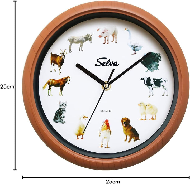 SELVA Tieruhr, Wanduhr, mit Tierlauten zu jeder Stunde und farbenfrohe Illustrationen, Gehäuse aus K