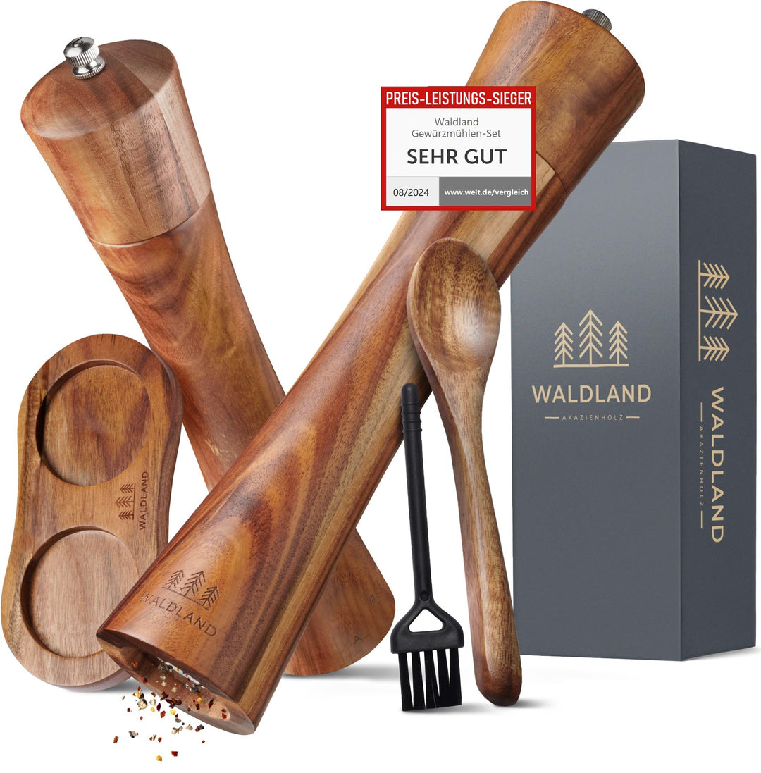 WALDLAND® Salz und Pfeffermühle aus Holz mit Untersetzer klein (16,5 cm) | Gewürzmühlen mit hochleis