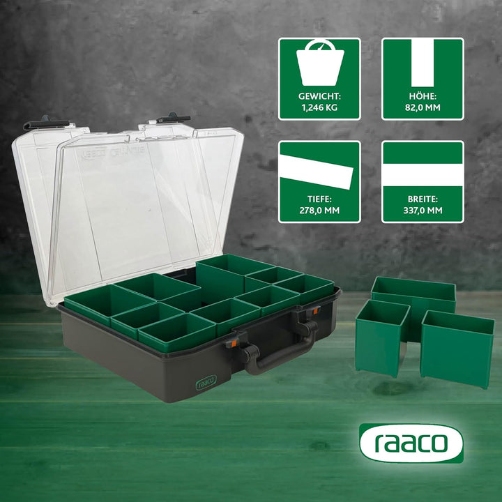 raaco CarryLite 80 4x8-12: Premium Sortierbox für Werkstatt mit Sandwich-Deckel, 12 Einsätze, Sortim