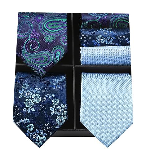 HISDERN Los 3 Stck Herren Krawatte Klassisch Elegante Krawatten und Einstecktuch Seidenkrawatte Set