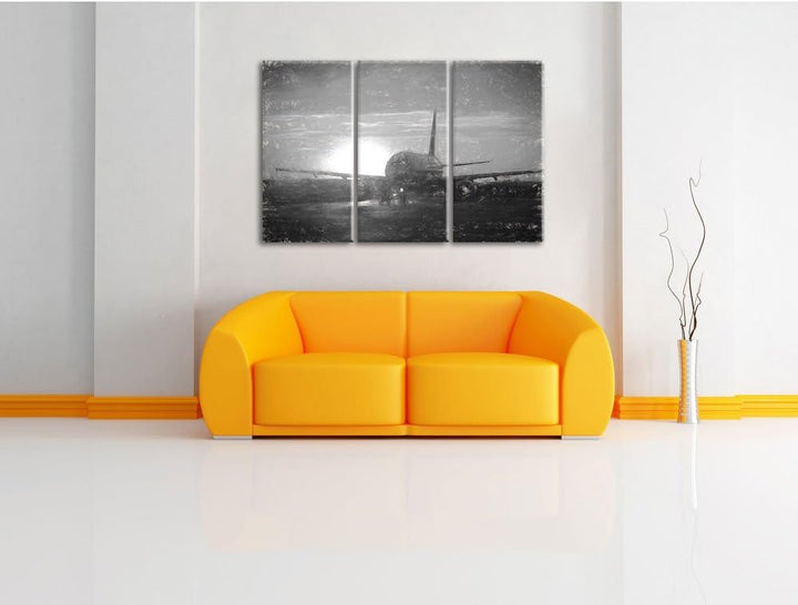 Pixxprint Flugzeug im Sonnenuntergang 3Teiler 120x80 cm Leinwandbild Wandbild Kunstdruck