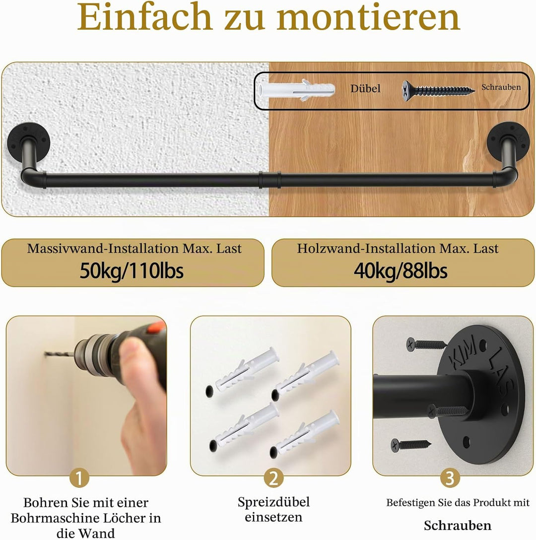 Yawinhe Industrierohr Kleiderstangen,97cm Kleiderständer für die Wand, Rustikale Kleideraufbewahrung