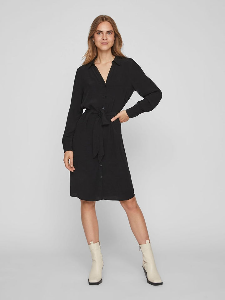 Vila Damen Vifini L/S Midi Shirt Dress-Noos Blusenkleid 34 Schwarz, 34 Schwarz