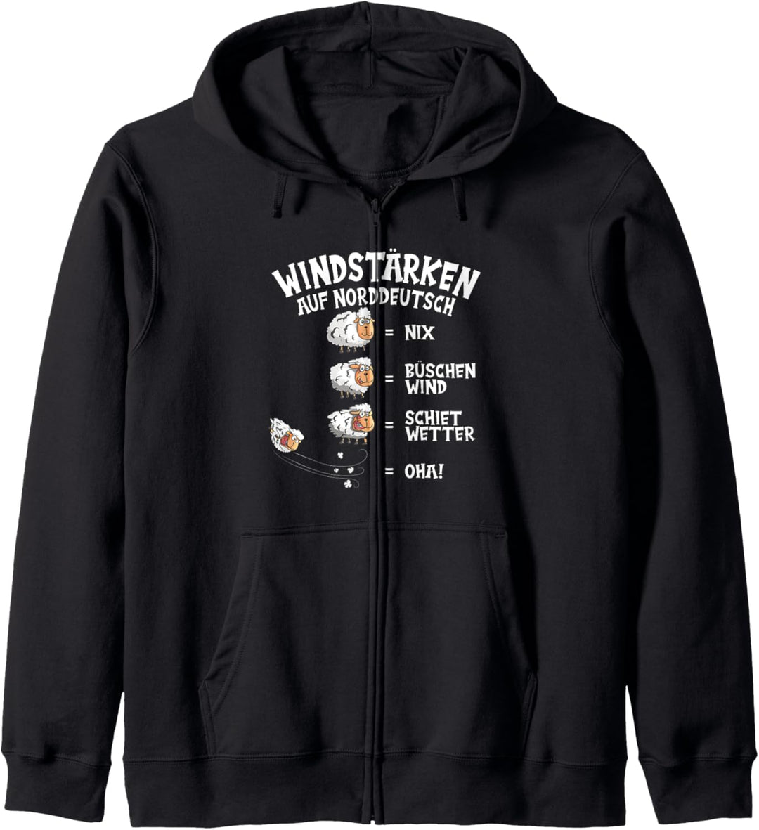Windstärke auf Norddeutsch Schaf Nix Büschen Shiet Wetter Kapuzenjacke