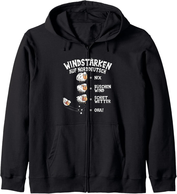 Windstärke auf Norddeutsch Schaf Nix Büschen Shiet Wetter Kapuzenjacke