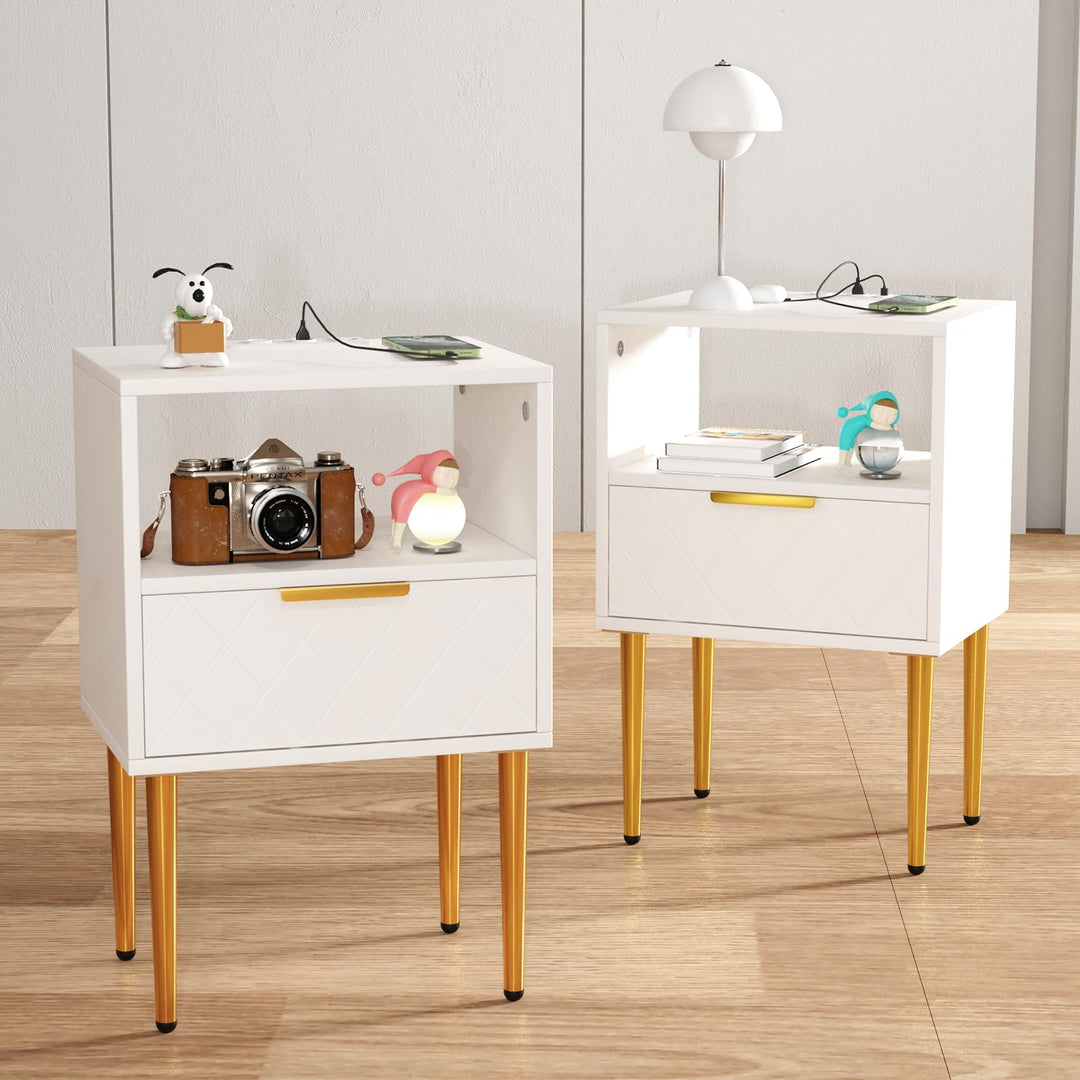 Nachttisch mit Ladestation, 2er Set, Nachtschrank mit 1 Offenen Ablagen und 1 Schublade, 2 AC-Steckd