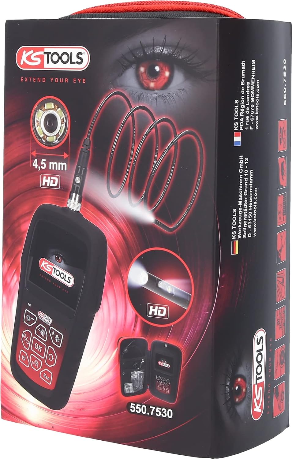 KS Tools 550.7530 HD-Videoskop-Satz mit Ø 4,5 mm 0° und 90° HD Frontkamera-Sonde, umschaltbar, 7-tlg