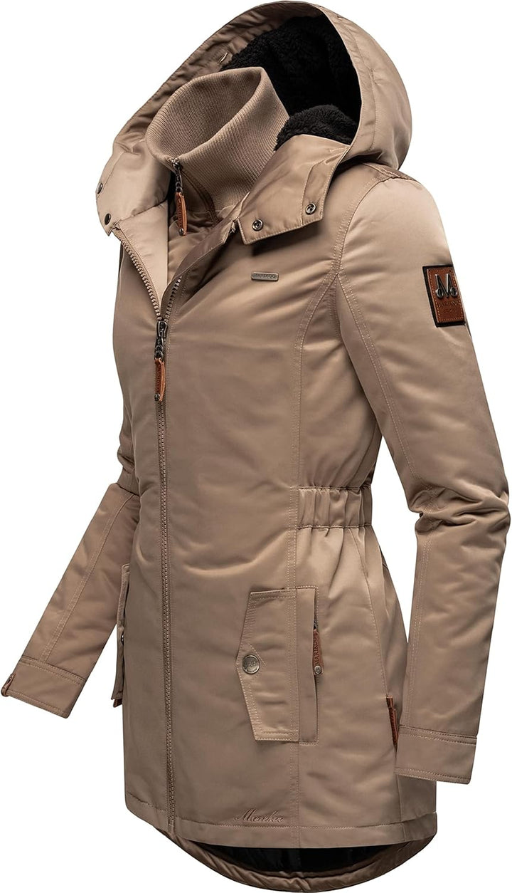 MARIKOO Damen Warmer Winterparka mit Kapuze Sanakoo XS-XXL S Taupe, S Taupe