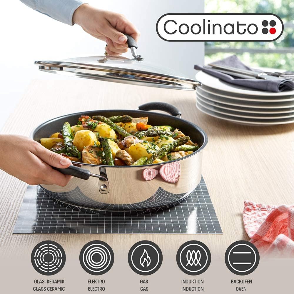 Coolinato Schmorpfanne Edelstahl 28cm beschichtet Schmortopf inkl. Glasdeckel, Bräter für Gas Ceran