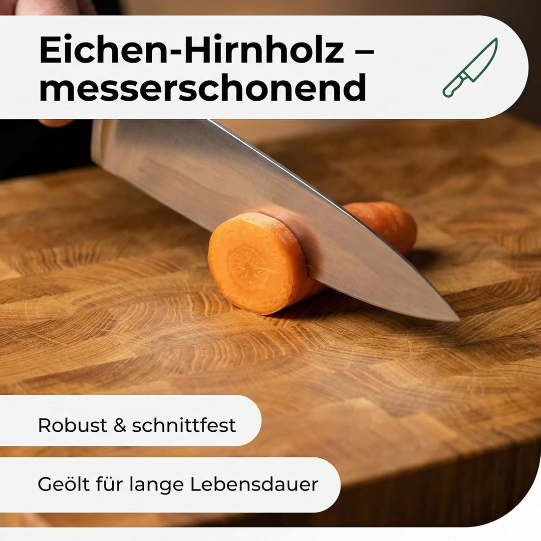 B4K® Küchenbrett aus Eiche Stirnholz | Antibakterielles Hirnholzbrett mit Griffen, Silikonfüssen und