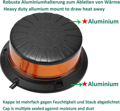 AGRISHOP 12V/24V LED LKW Rundumleuchte Blitzleuchte Magnetfuss,36LED 9Modus Amber Blinkleuchte led O