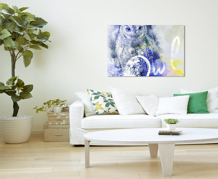Paul Sinus Art Bild Leinwand 120x80cm Geheimnisvolle Eule in Grautönen mit Kalligraphie, 120x80cm