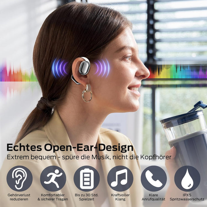 BUGANI Open Ear Kopfhörer, Ohrhaken Kopfhörer Kabellos Bluetooth IPX6 Wasserdicht, 30H Laufzeit, Blu