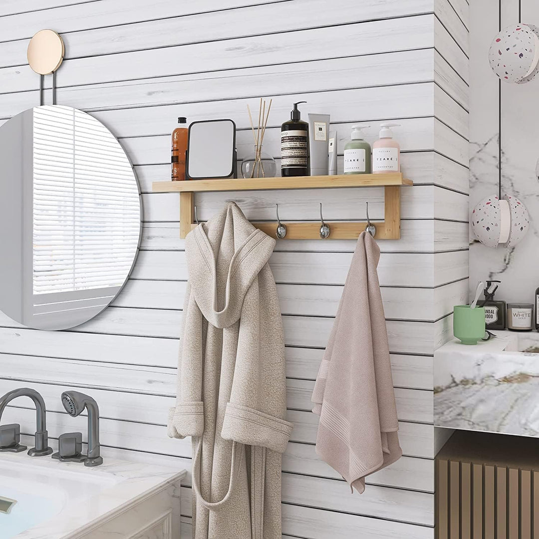 SMIBUY Kleiderhaken mit Regal Wandmontage, 74 cm Eingangsbereich Garderobe für Wand, Bambus-Hängereg
