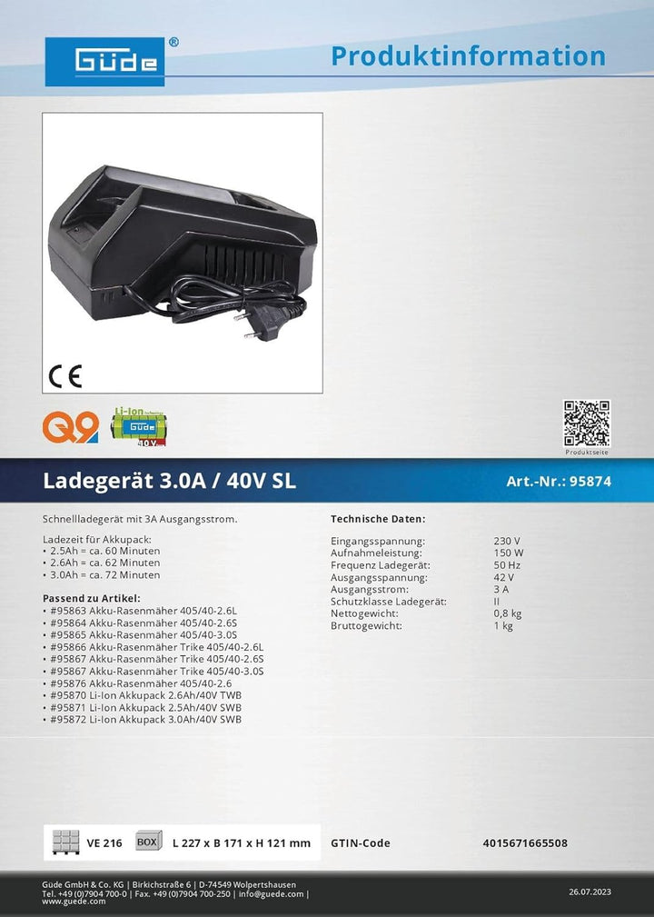 GÜDE Ersatzladegerät Schnellladegerät Ladegerät 3.0A 40V für Güde 40V System 95874