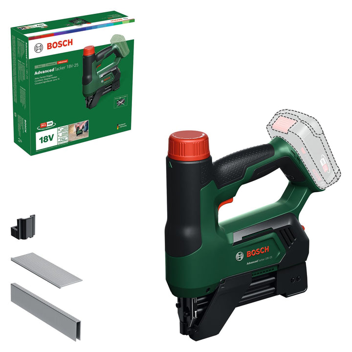 Bosch 18V System Akku-Tacker/Nagler AdvancedTacker 18V-25 (Leistungsstarkes 2-in-1-Klammern und Nage
