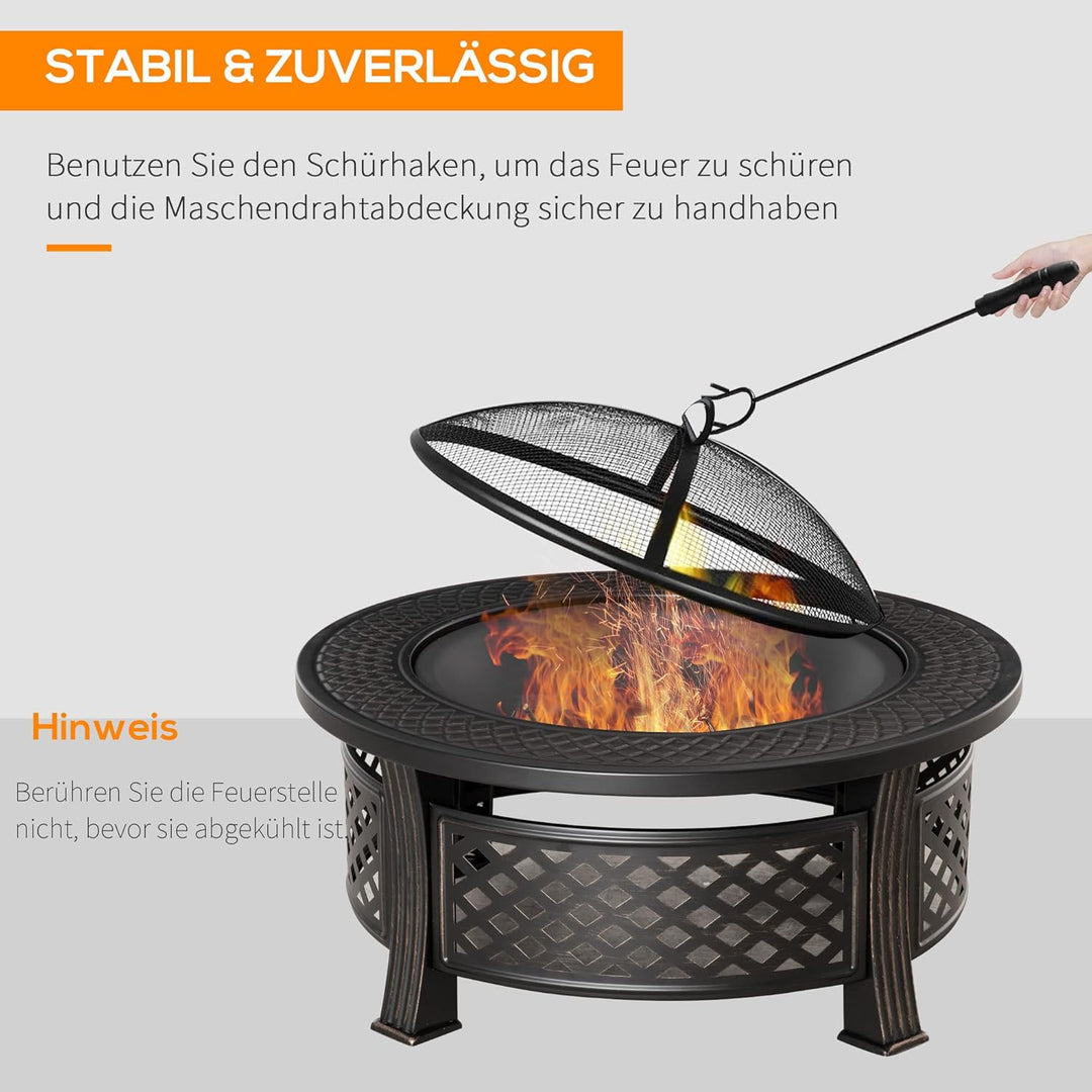Outsunny Feuerschale mit Schürhaken Funkenschutz Feuerkorb Feuertisch rund Feuerstelle für Garten Ca