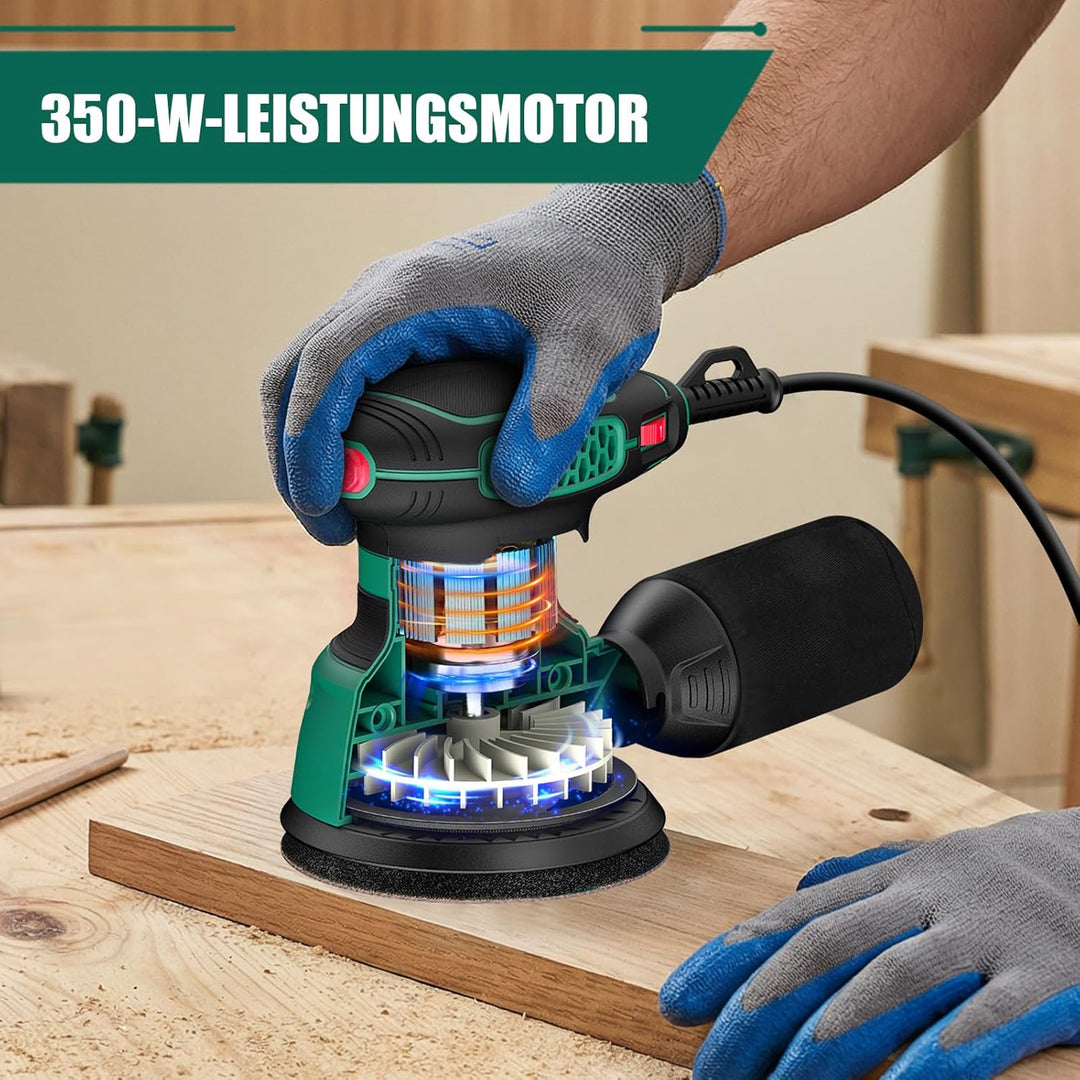 SORAKO Exzenterschleifer 350W 125MM,6 Geschwindigkeiten,16 Schleifpapiere, Staubsammlung Schnellbrem