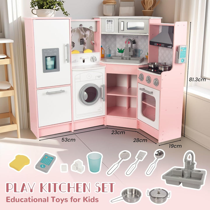 Rosa Hölzerne Kinderküche, Kinderspielküche mit Spüle Herd Backofen, Holzküche Spielzeugküche, Spiel