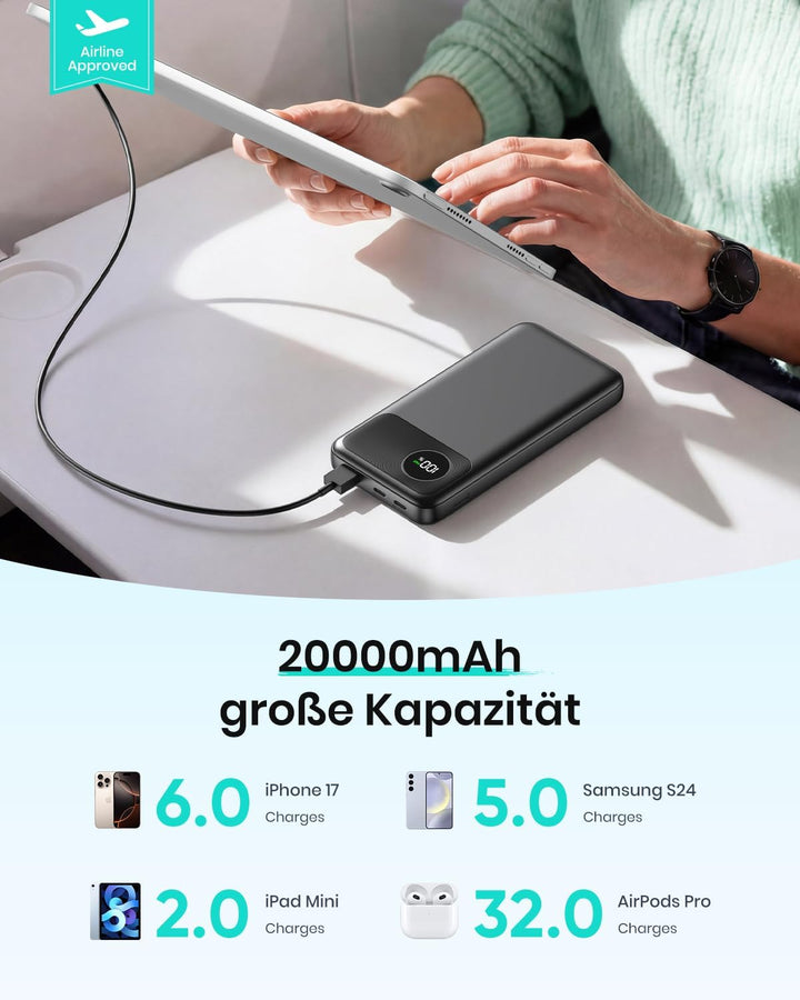 A ADDTOP Power Bank 20000mAh, 22,5W Schnellladefunktion Klein Powerbank mit 3 Ausgängen, PD 3.0 QC 4