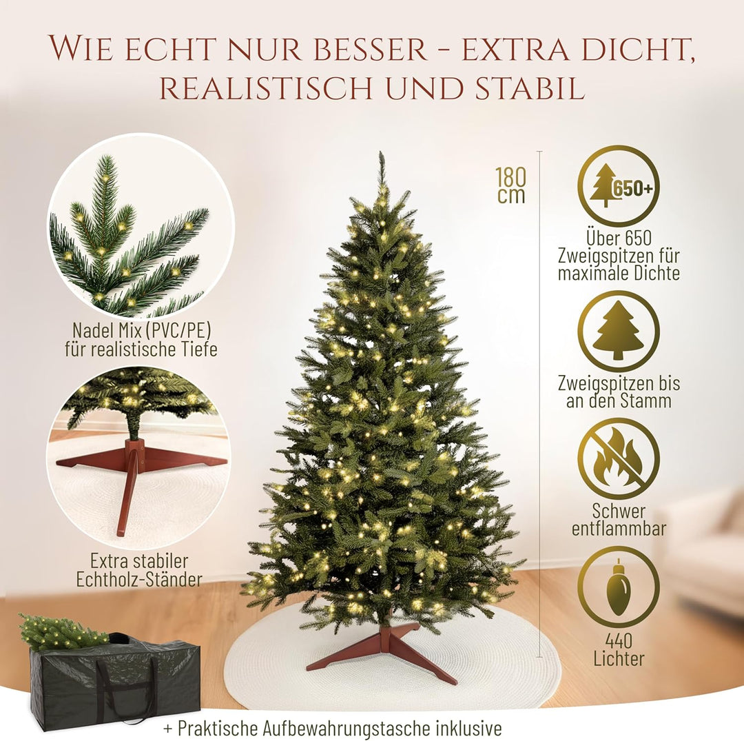 Premium Weihnachtsbaum künstlich mit Beleuchtung 180cm - TESTSIEGER - Naturgetreu, dichte Zweige, LE