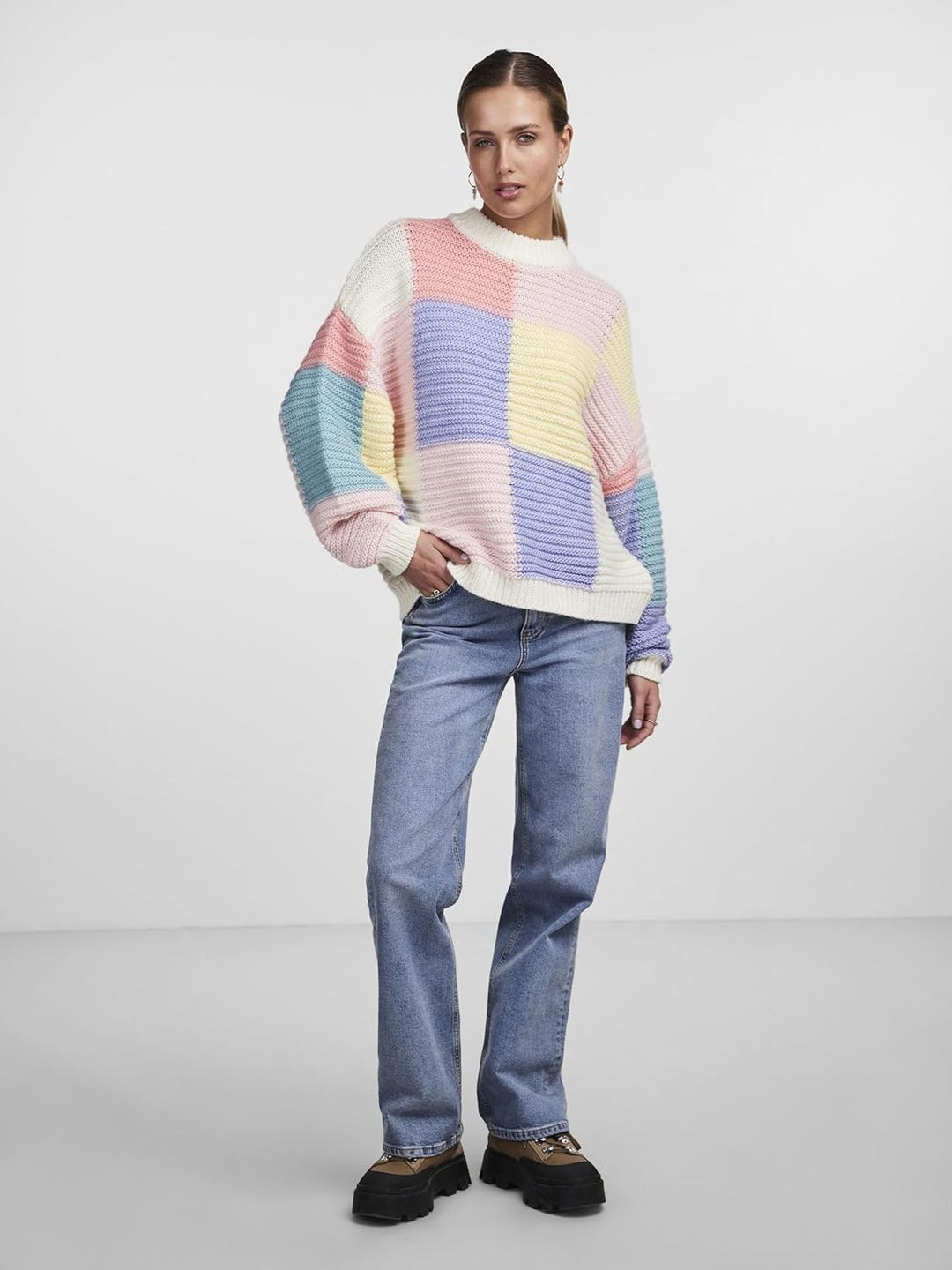 PIECES Damen Pcjamie Ls O-Neck Knit Bc Pullover XS Cloud Dancer/Checks:easter-flpi-mabl-rosh-flan-cd