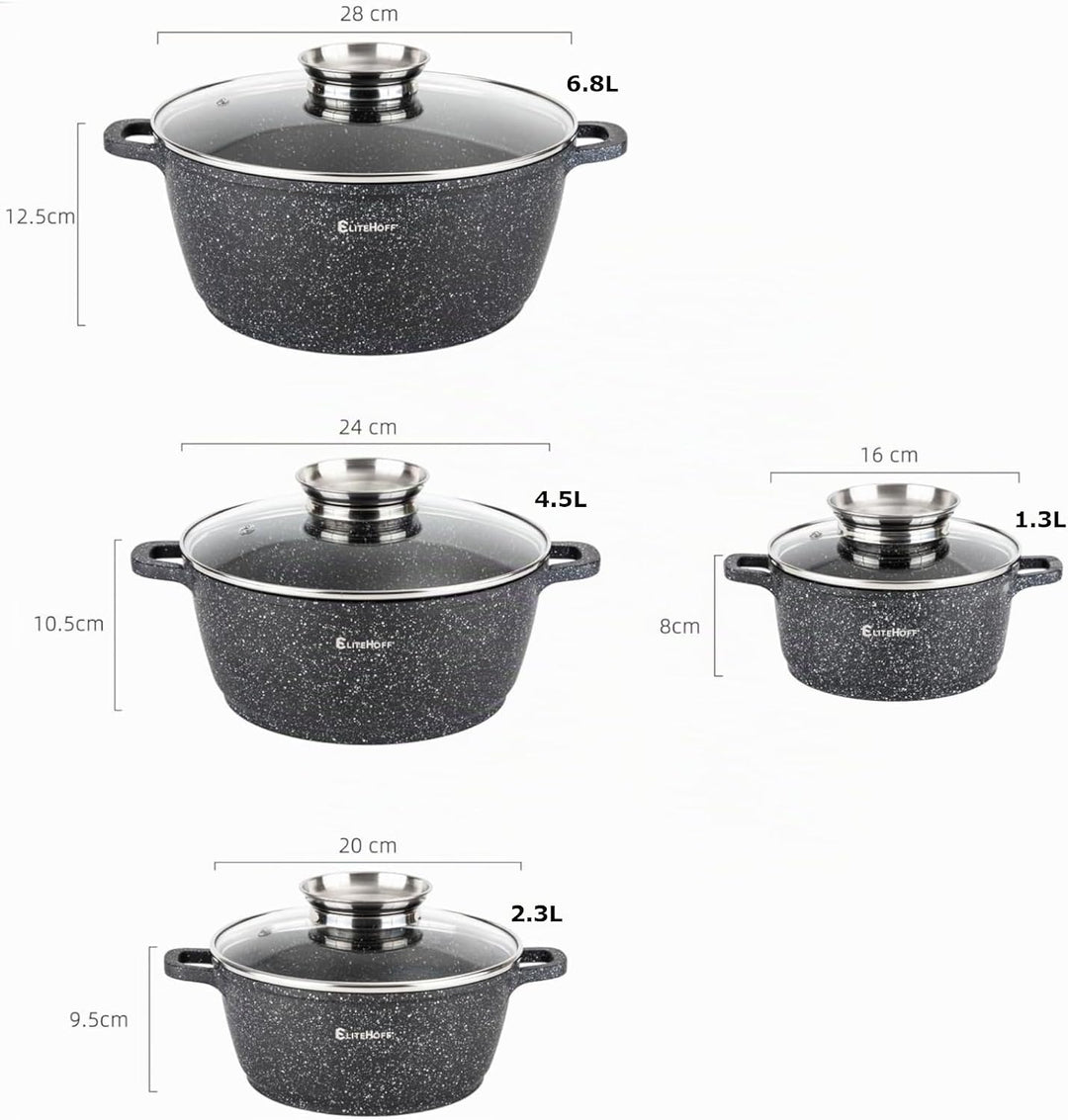 EliteHoff Kochtopf Set Induktion, Topf aus Aluminiumguss mit Antihaftbeschichtung, Topfset mit Glasd