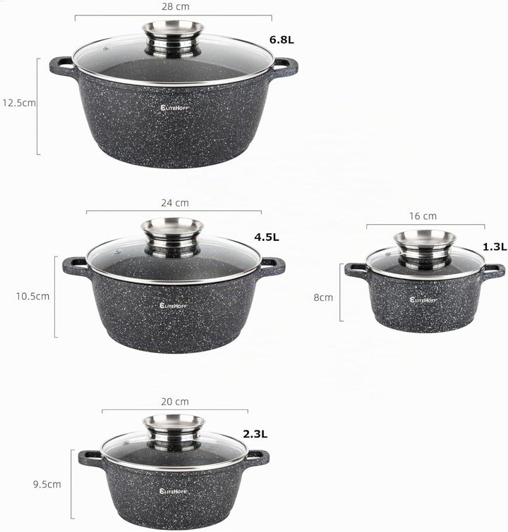EliteHoff Kochtopf Set Induktion, Topf aus Aluminiumguss mit Antihaftbeschichtung, Topfset mit Glasd