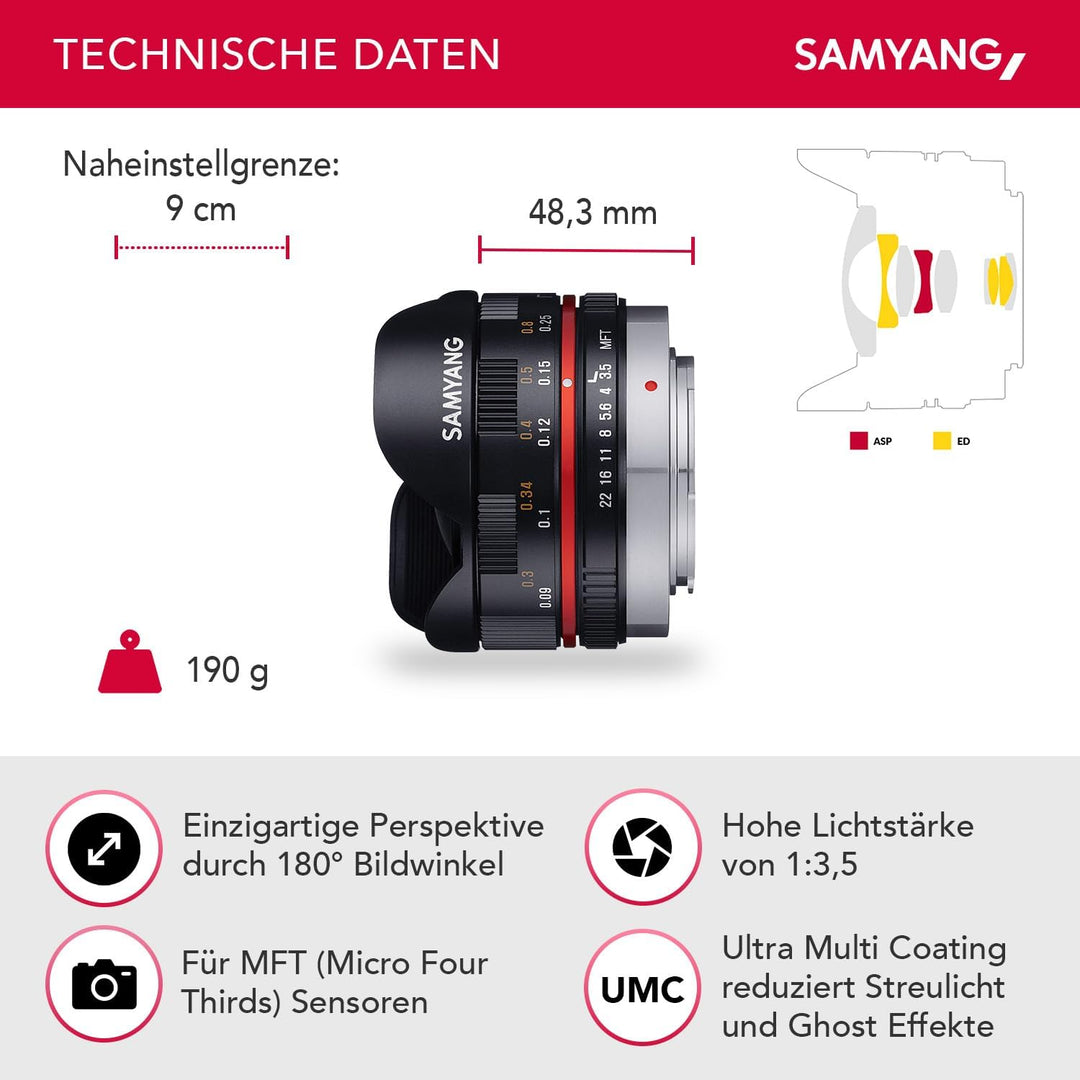 Samyang MF 7,5mm F3,5 Fisheye MFT schwarz - APS-C Sensor, 180° Bildwinkel, ideal für Reportage & eng