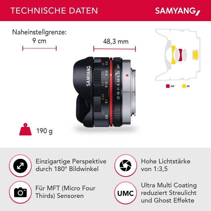 Samyang MF 7,5mm F3,5 Fisheye MFT schwarz - APS-C Sensor, 180° Bildwinkel, ideal für Reportage & eng