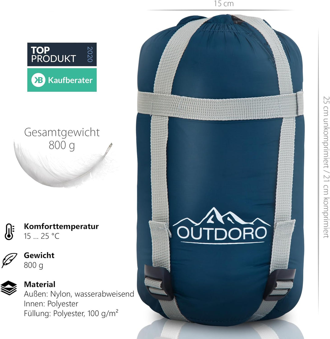 Outdoro ultraleichter Schlafsack 800g - kleines Packmass - leicht, dünn und warm - Idealer Sommersch