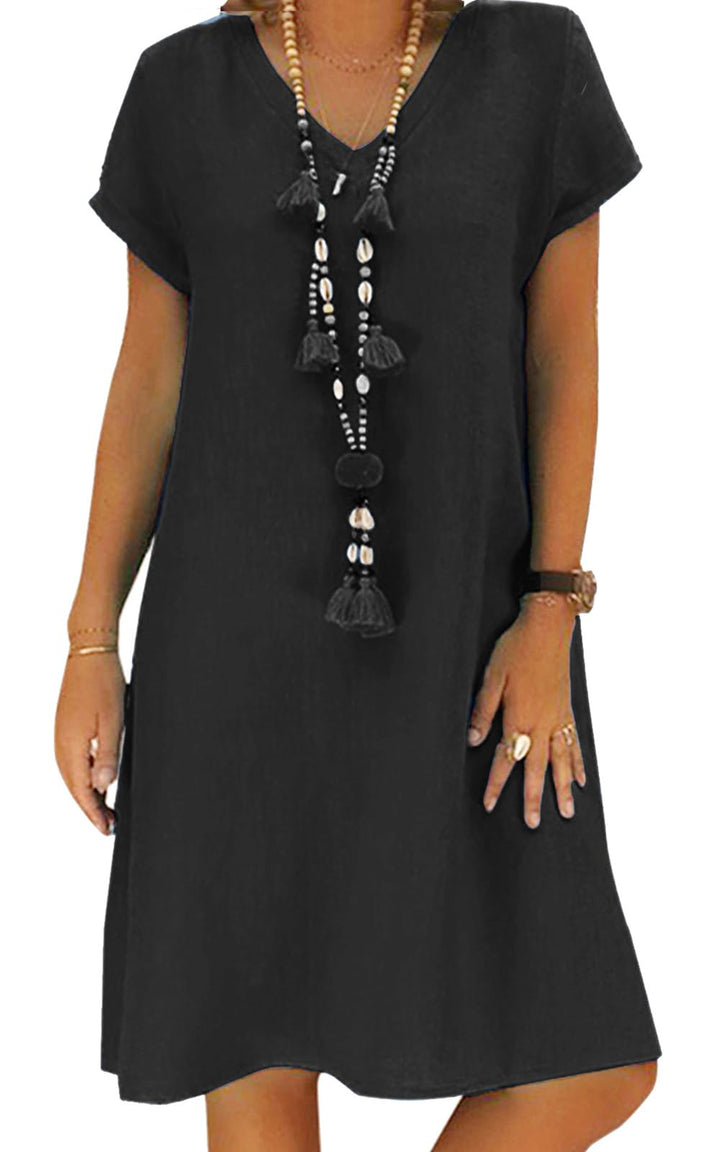 Tincini Sommerkleid Damen Leinen Kleider Casual V-Ausschnitt Midikleid Kurzarm A-Linie Kleid Strandk